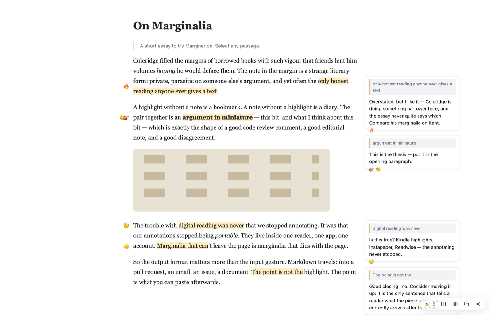 An article with three passages highlighted; beside each, a card with a note and a reaction