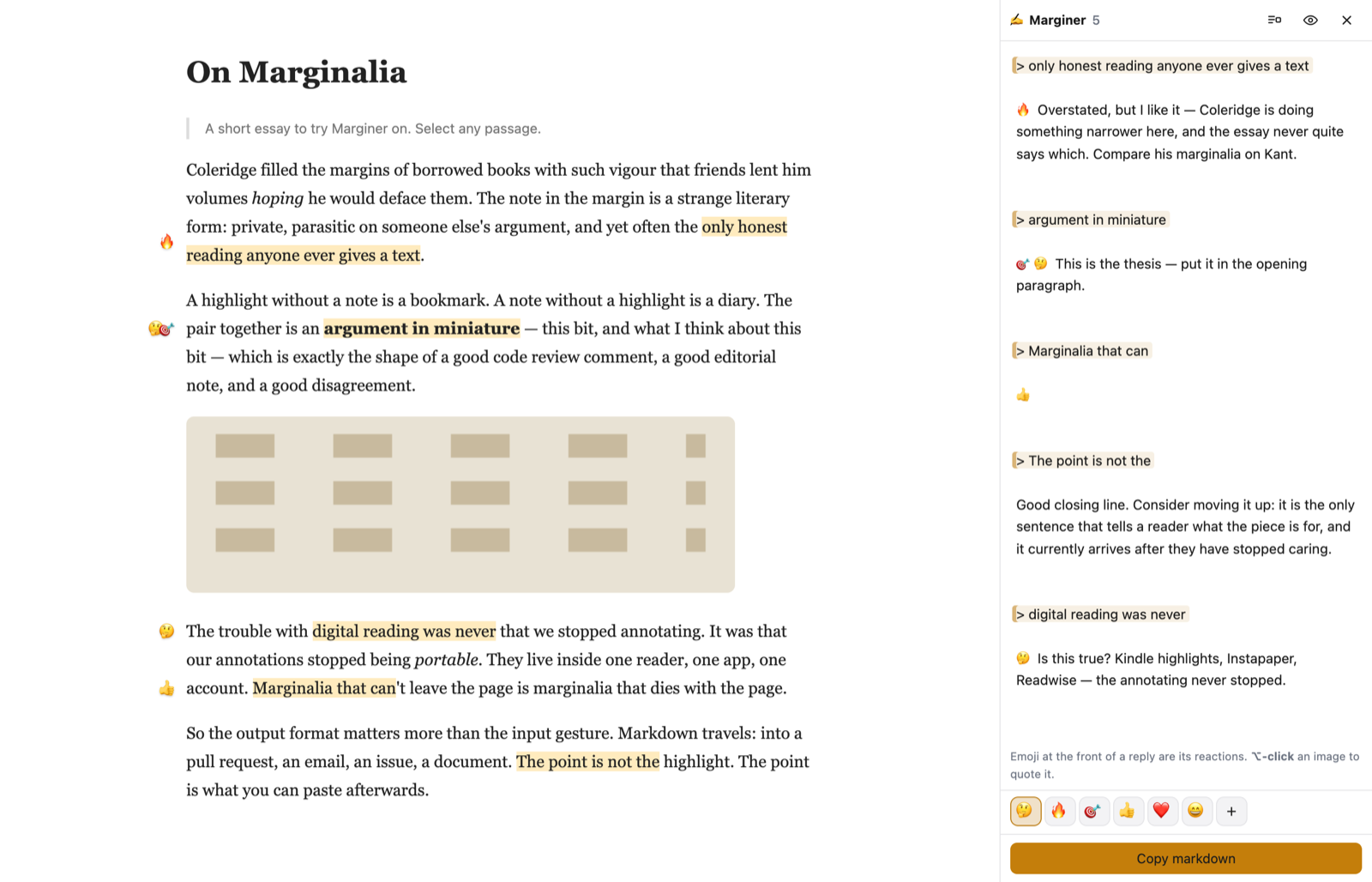 The sidebar showing the markdown document as editable text, quote lines tinted, with the caret's quote brighter on the page