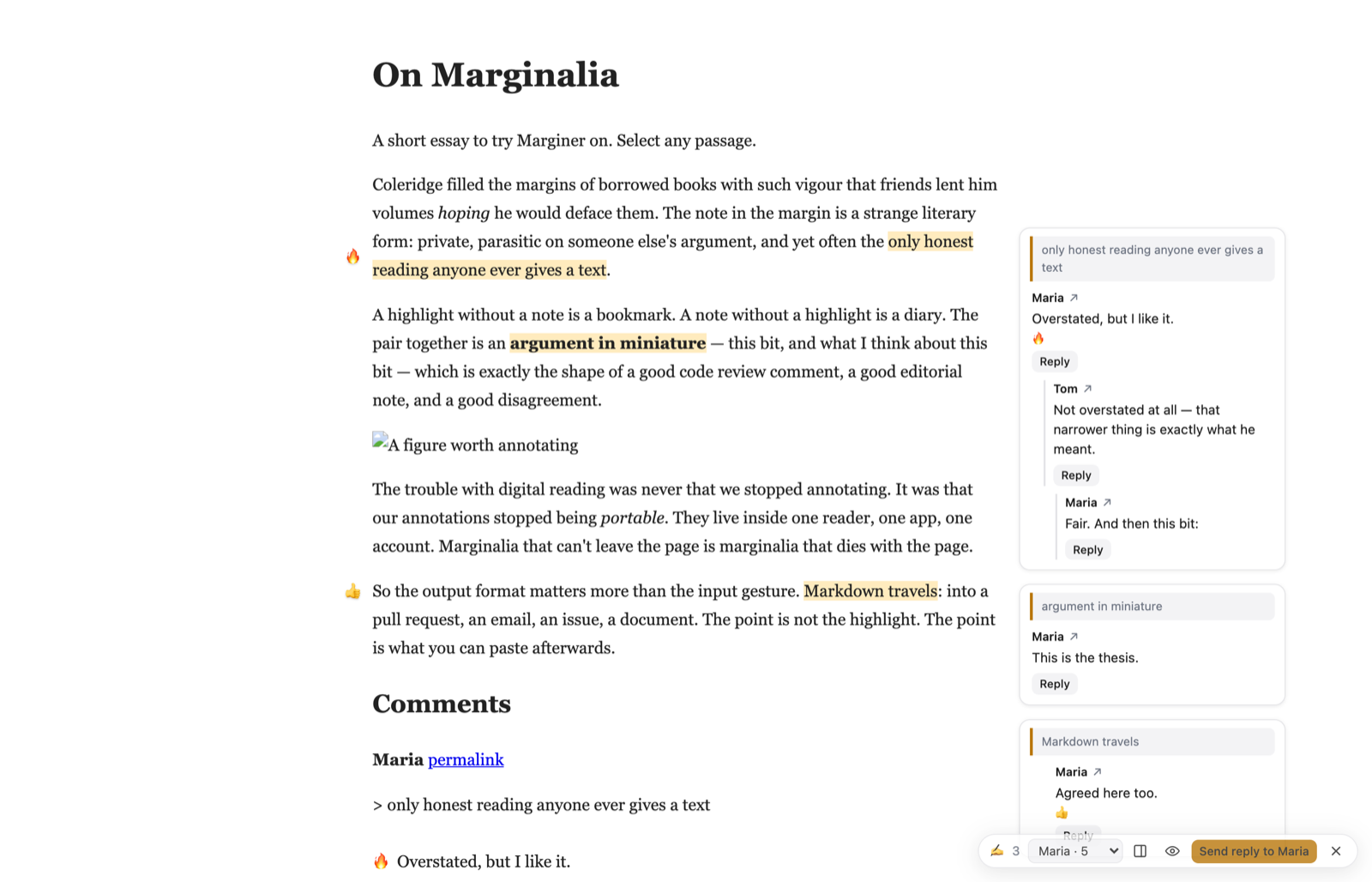 A reader's thread shown beside the article: a passage with three entries — Maria, Tom's reply, Maria's reply — each with a Reply button